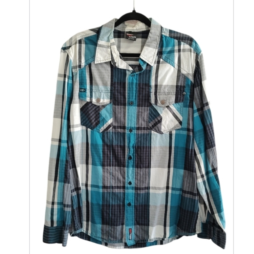 No Fear Button Down Plaid Shirt - Teal and Black Size XL